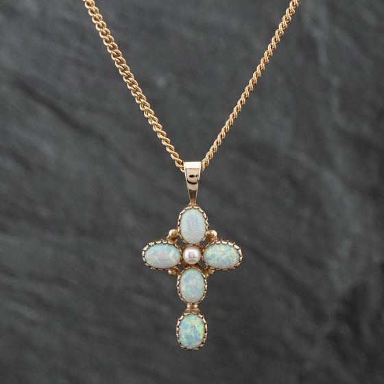 Second Hand 9ct Yellow Gold Opal & Cultured Pearl Cross Pendant & 18 Inch Curb Chain 41141459
