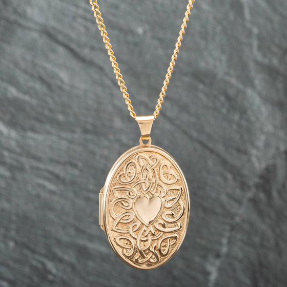 Second Hand 9ct Yellow Gold Celtic Heart Locket Pendant & 18 Inch Curb Chain 41141526