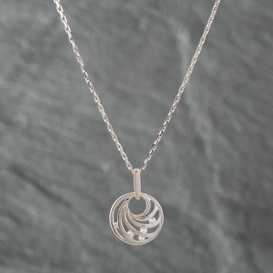 Second Hand 9ct White Gold Cubic Zirconia Openwork Swirls Pendant & 16 Inch Paper Link Chain 41141658