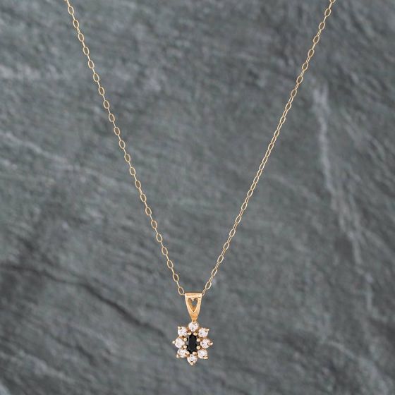 Second Hand Yellow Gold Oval Cut Sapphire & Cubic Zirconia Flower Cluster Pendant & 18 Inch Trace Chain 41141667