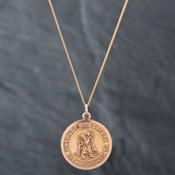 Second Hand 9ct Yellow Gold St Christopher Pendant & 22 Inch Curb Chain 41141684
