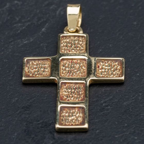 Second Hand 14ct Yellow Gold Square Design Bark Patterned Cross Pendant 4114169