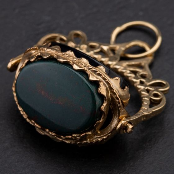 Second Hand 9ct Yellow Gold Onyx Bloodstone and Cornelian Stone Set Spinning Fob Pendant 4114170