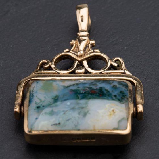 Second Hand 9ct Yellow Gold Spinning Oblong Double Sided Agate Pendant 4114171