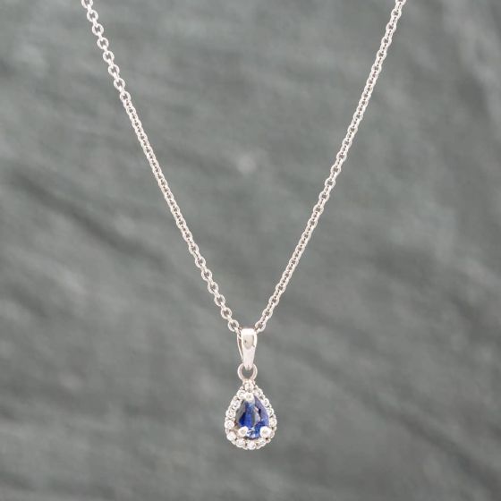 Second Hand 18ct White Gold 0.33ct Pear Cut Sapphire & Diamond Cluster Pendant & 18 Inch Trace Chain 41141750