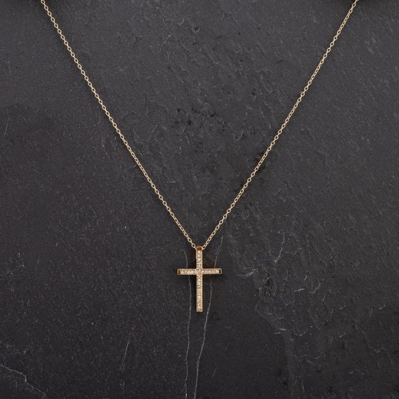 Second Hand 9ct Yellow Gold Brilliant Cut Diamond Set Cross Chain 4114178