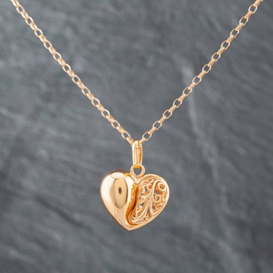 Second Hand 9ct Yellow Gold Ornate Open Work Heart Pendant & 20 Inch Belcher Chain 41141795