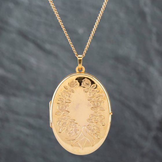 Second Hand 9ct Yellow Gold Oval Flowers Engraved Locket Pendant & 18 Inch Curb Chain 41141812