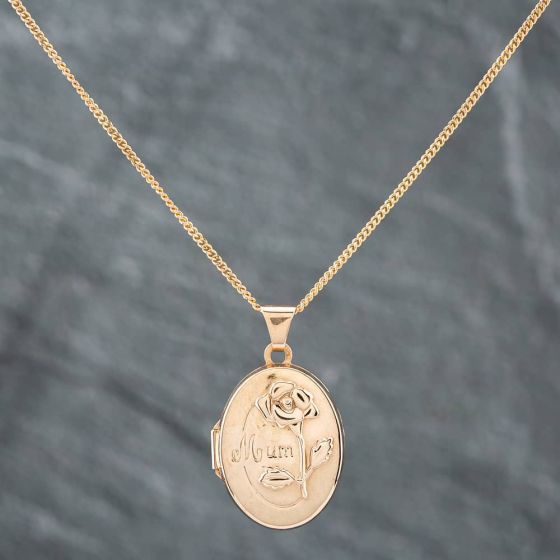 Second Hand 9ct Yellow Gold Oval Mum Rose Locket Pendant & 20 Inch Curb Chain 41141814