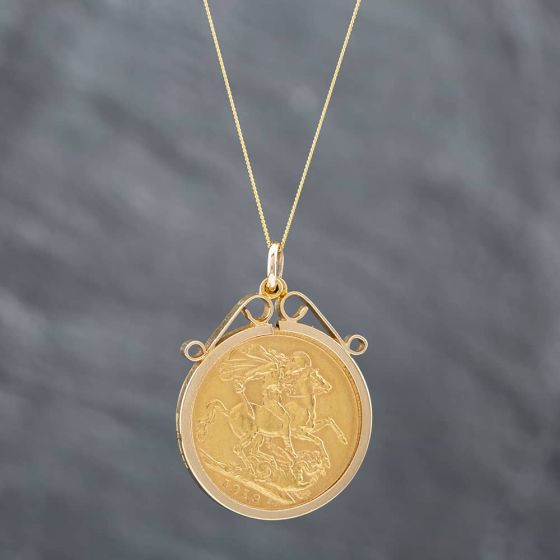 Second Hand 9ct Yellow Gold 1913 Full Sovereign Pendant & 18 Inch Curb Chain 41141910