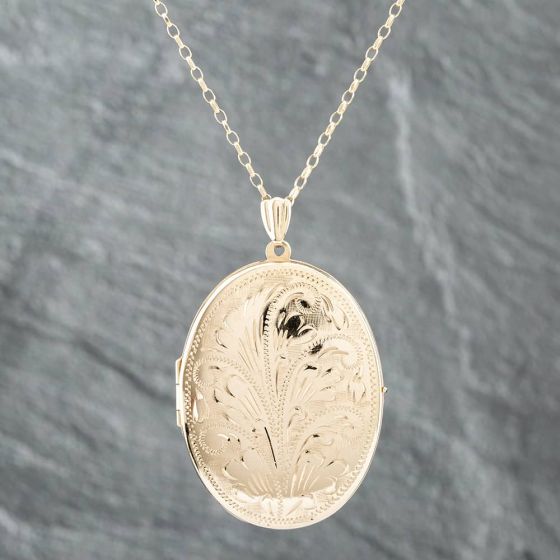 Second Hand 9ct Yellow Gold Large Oval Hand Engraved Locket Pendant & 24 Inch Belcher Chain 41141944