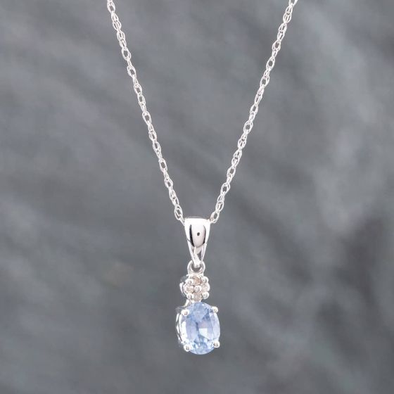 Second Hand White Gold Oval Cut Ceylon Sapphire & Single Cut Diamond Pendant & 18 Inch Prince Of Wales Chain 41141960