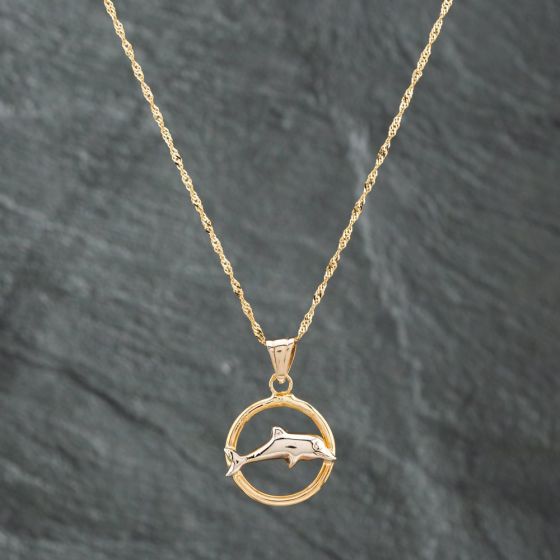 Second Hand 14ct Two Colour Gold Dolphin Pendant & 17 Inch Curb Chain 41141961