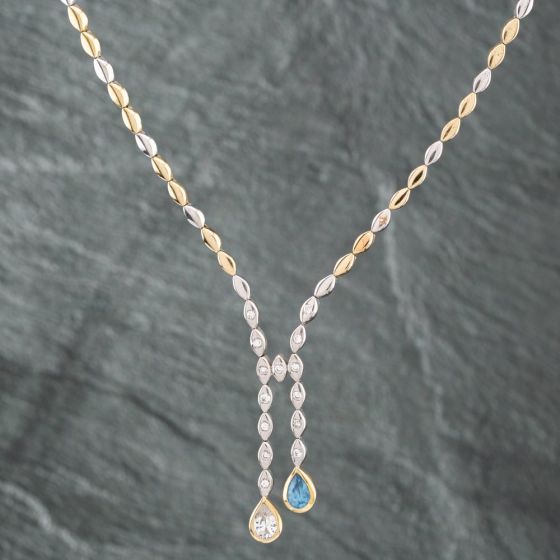 Second Hand 14ct Three Colour Gold Aquamarine & Cubic Zirconia 18 Inch Chain Necklace 41141969