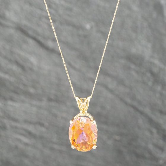 Second Hand 14ct Yellow Gold Mystic Topaz Oval Pendant & 18 Inch Curb Chain 41142007