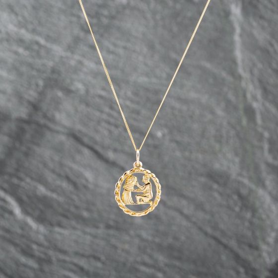 Second Hand 9ct Yellow Gold Openwork Aquarius Pendant & 18 Inch Curb Chain 41142084