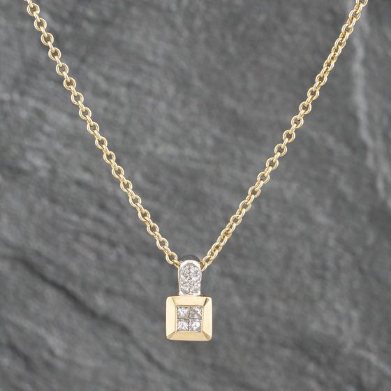 Second Hand 18ct Two Colour Gold Diamond Square Pendant & 17 Inch Trace Chain 41142180