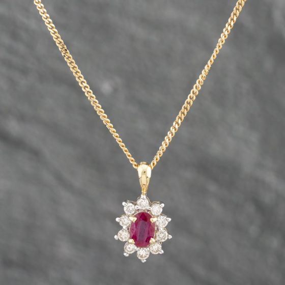 Second Hand 18ct Yellow Gold Ruby & 0.08ct Diamond Cluster Pendant & 18 Inch Curb Chain 41142187