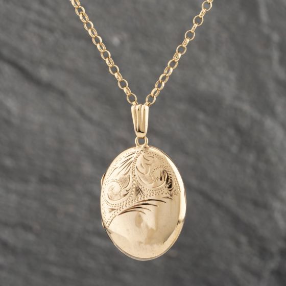 Second Hand 9ct Yellow Gold Oval Part Hand Engraved Locket Pendant & 20 Inch Belcher Chain 41142205