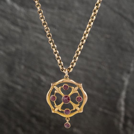Second Hand Vintage 9ct Yellow Gold Tourmaline Round Openwork Pendant & 20 Inch Belcher Chain 41142223