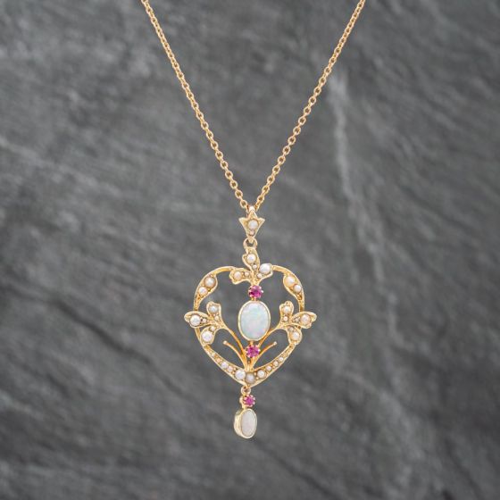 Second Hand Vintage Yellow Gold Seed Pearl Ruby And Opal Ornate Fleur Di Lis Pendant & 16 Inch Trace Chain 41142225