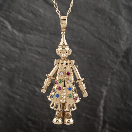 Second Hand 9ct Yellow Gold Multi Stone Large Clown Pendant & 26 Inch Curb Chain 41142255