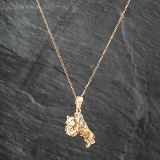 Second Hand 9ct Yellow Gold Cubic Zirconia Bulldog Pendant & 23 Inch Curb Chain 41142268