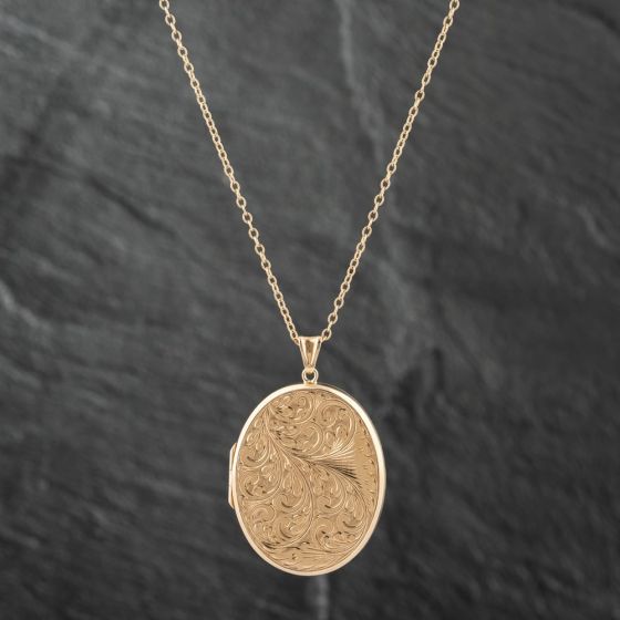 Second Hand 9ct Yellow Gold Hand Engraved Large Oval Locket Pendant & 19 Inch Trace Chain 41142270