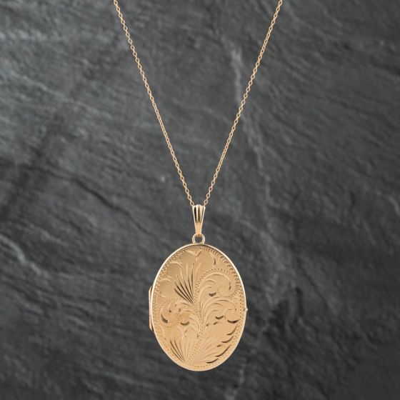 Second Hand 9ct Yellow Gold Hand Engraved Large Oval Locket Pendant & 19 Inch Trace Chain 41142271