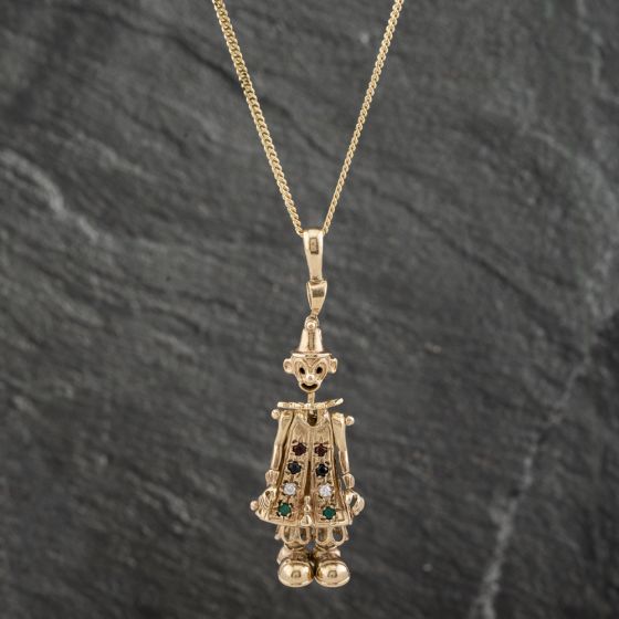 Second Hand 9ct Yellow Gold Multi Stone Clown Pendant & 18 Inch Curb Chain 41142296
