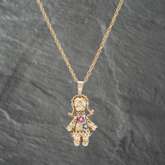 Second Hand 9ct Yellow Gold Multi Stone Medium Ragdoll Pendant & 24 Inch Prince Of Wales Chain 41142304