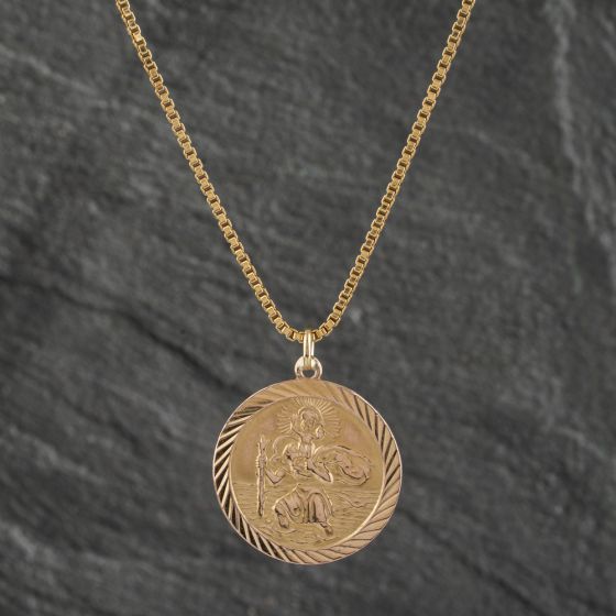 Second Hand 9ct Yellow Gold Round St Christopher Pendant & 16 Inch Box Chain 41142311