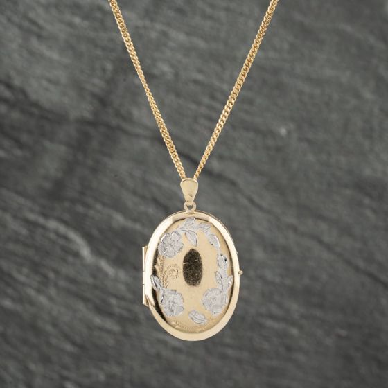 Second Hand 9ct Two Colour Gold Oval Flower Patterned Locket Pendant & 17 Inch Curb Chain 41142324