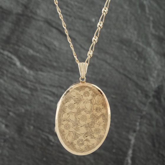 Second Hand 9ct Yellow Gold Large Heavy Oval Hand Engraved Locket Pendant & 18 Inch Figaro Chain 41142351
