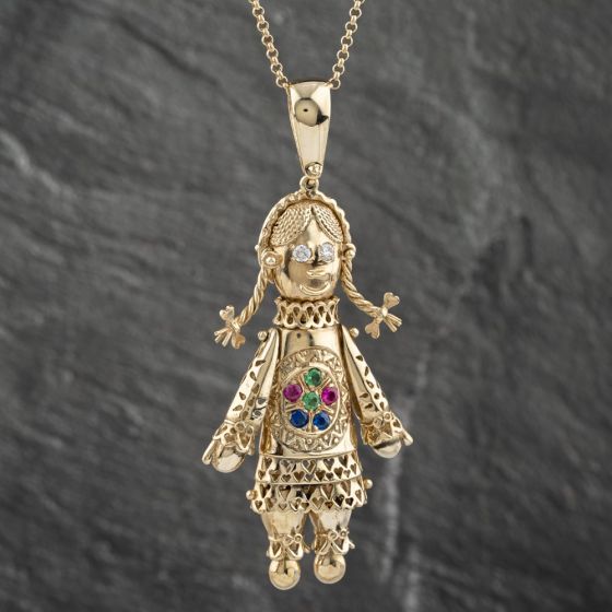 Second Hand 9ct Yellow Gold Cubic Zirconia Large Heavy Ragdoll Pendant & 24 Inch Belcher Chain 41142356