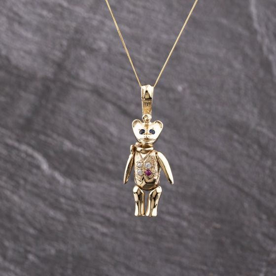 Second Hand 9ct Yellow Gold Cubic Zirconia Teddy Pendant & 18 Inch Curb Chain 41142361