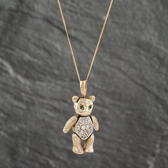 Second Hand 9ct Yellow Gold Cubic Zirconia Teddy Pendant & 18 Inch Curb Chain 41142362