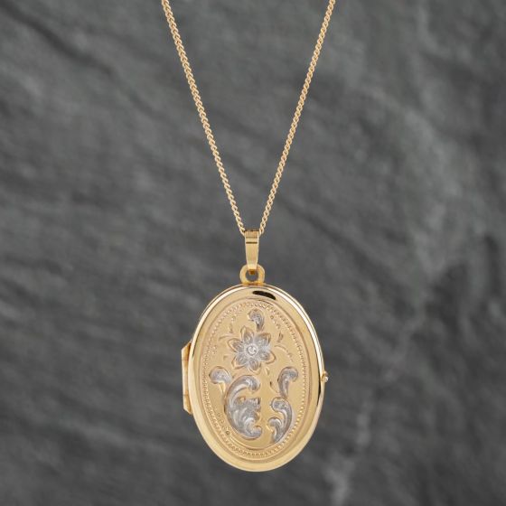 Second Hand 9ct Two Colour Gold Oval Flower Design Locket Pendant & 18 Inch Curb Chain 41142405