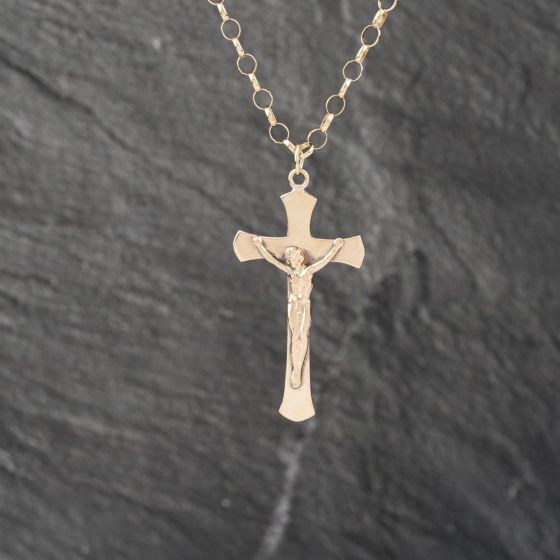 Second Hand 9ct Yellow Gold Large Crucifix Cross Pendant & 20 Inch Belcher Chain 41142411