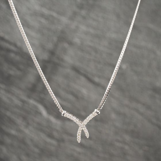 Second Hand 9ct White Gold 0.50ct Brilliant Cut Diamond Crossover Pendant & 16 Inch Herringbone Chain 41142413