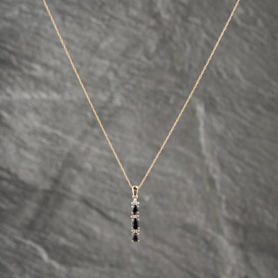 Second Hand 9ct Yellow Gold Sapphire & Diamond Bar Dropper Pendant & 18 Inch Prince Of Wales Chain 41142445