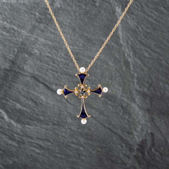 Second Hand 14ct Yellow Gold Sapphire & Diamond, Cultured Pearl And Blue Enamel Cross Pendant & 18 Inch Curb Chain 41142452