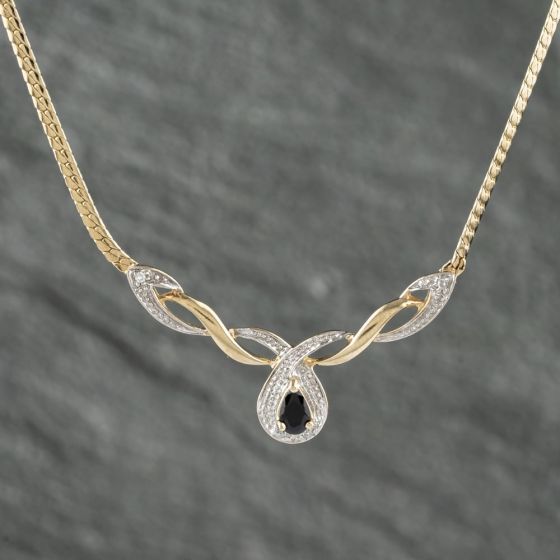 Second Hand 9ct Yellow Gold Black Tourmaline & Diamond Entwined Pear Drop Cluster Pendant & 16 Inch Snake Chain 41142453