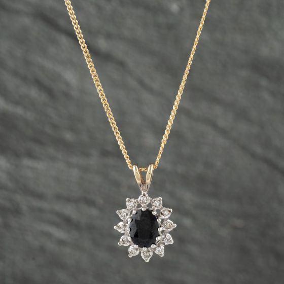 Second Hand 9ct Two Colour Gold 0.07ct Sapphire & Diamond Oval Centre Flower Shape Cluster Pendant & 18 Inch Curb Chain 41142459