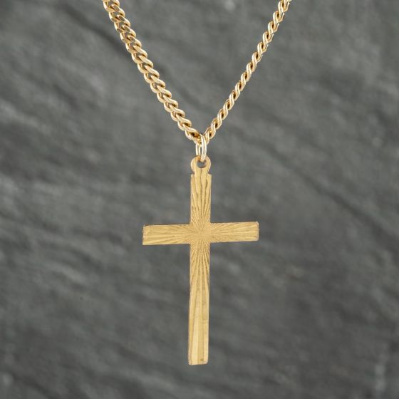 Second Hand 9ct Yellow Gold Diamond Cut Cross Pendant & 17 Inch Curb Chain 41142462