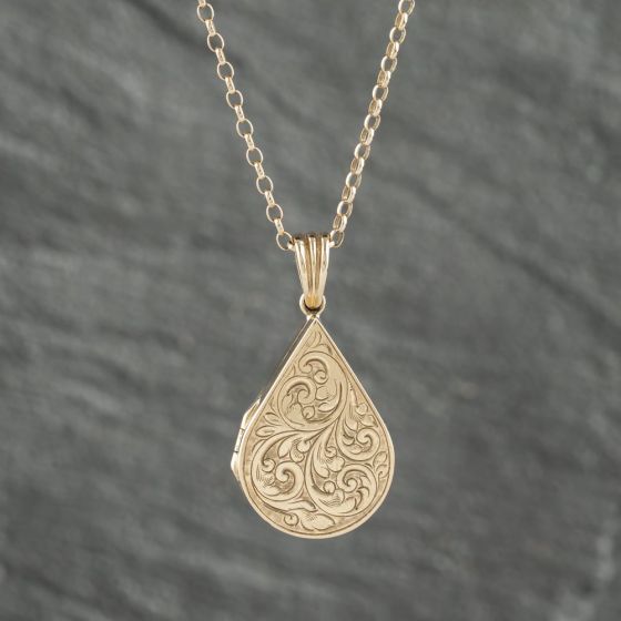 Second Hand 9ct Yellow Gold Foliate Hand Engraved Pear Shaped Locket Pendant & 18 Inch Belcher Chain 41142464