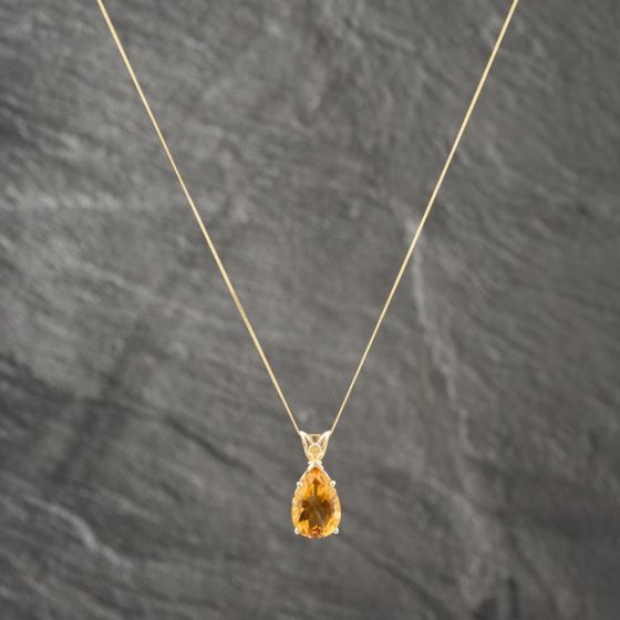 Second Hand 14ct Yellow Gold Citrine Pear Shape Pendant & 18 Inch Curb Chain 41142471