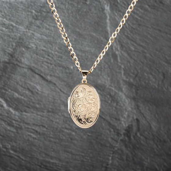 Second Hand 9ct Yellow Gold Foliate Engraved Oval Locket Pendant & 24 Inch Curb Chain 41142475