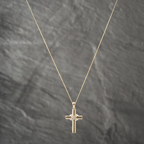 Second Hand 9ct Yellow Gold Diamond Set Cross Pendant & 18 Inch Curb Chain 41142481