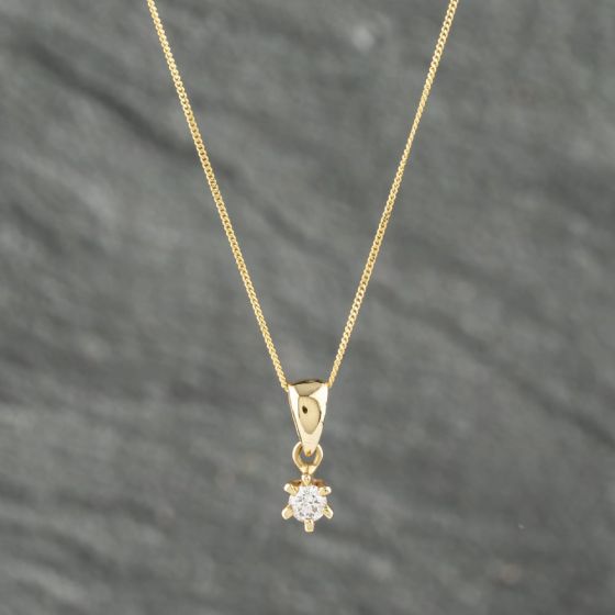 Second Hand 9ct Yellow Gold Diamond Single Stone Pendant & 18 Inch Curb Chain 41142490
